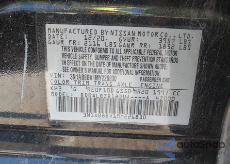 2021 Nissan Sentra S Xtronic Cvt z USA, uszkodzony, nr VIN 3N1AB8BV1MY226830